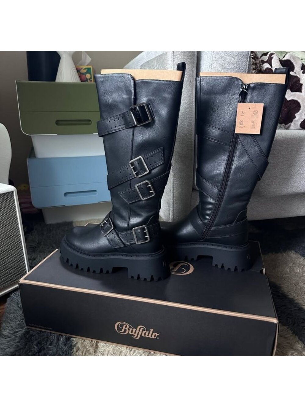 Buffalo Knee-High Platform Moto Boots (Vegan Leather) - Size 7.5